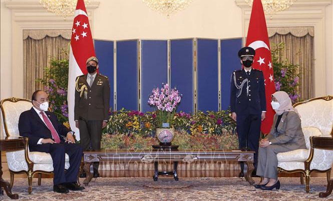 Chủ tịch nước Nguyễn Xuân Phúc hội đàm với Tổng thống Cộng hòa Singapore Halimah Yacob. Ảnh: Thống Nhất/TTXVN