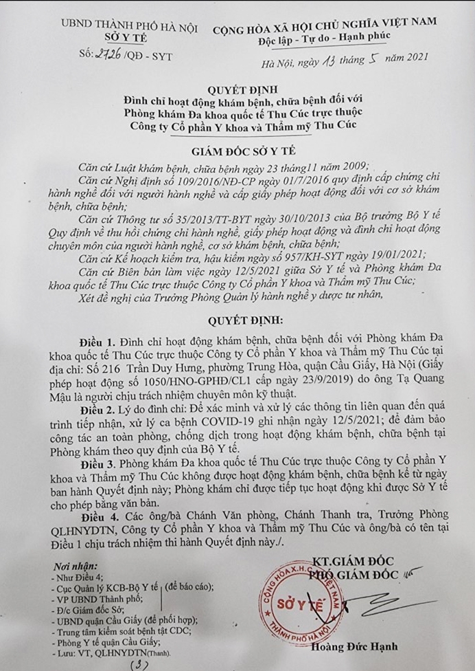 Lãnh đạo Sở Y tế Hà Nội đình chỉ phòng khám đa khoa quốc tế Thu Cúc, liên quan công tác phòng chống dịch Covid-19.