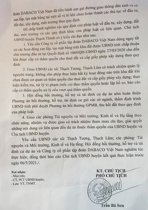 Thông báo của UBND huyện Thạch Thành về việc Dabaco vi phạm thủ tục đầu tư, pháp luật đất đai, xây dựng, môi trường