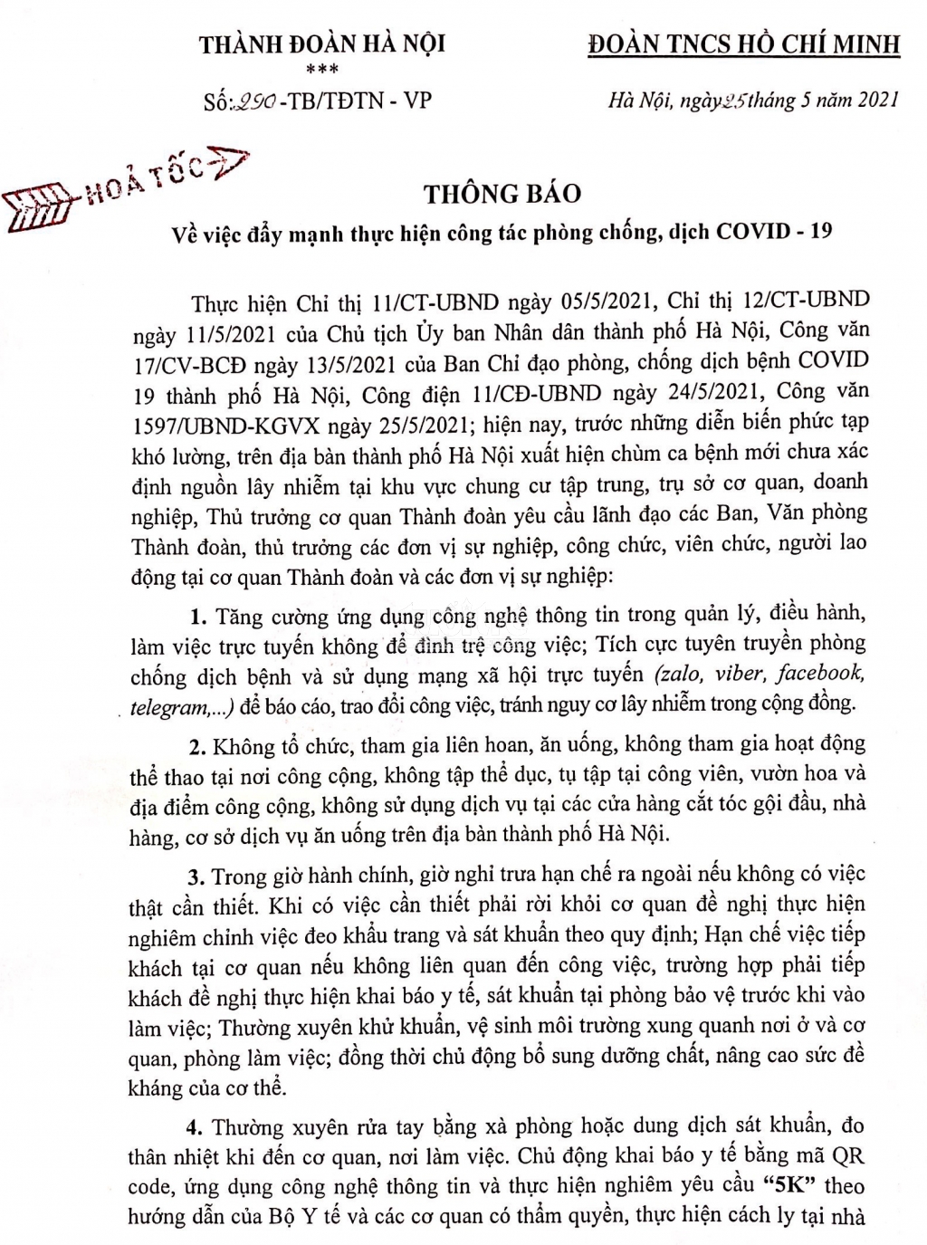 Thành đoàn Hà Nội thông báo “hỏa tốc” đẩy mạnh thực hiện công tác phòng, chống dịch Covid-19