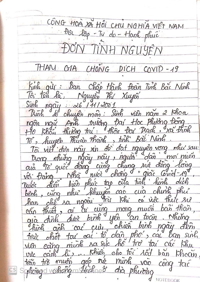 Xúc động những lá đơn tình nguyện chống COVID-19 gửi tỉnh Đoàn Bắc Ninh ảnh 1