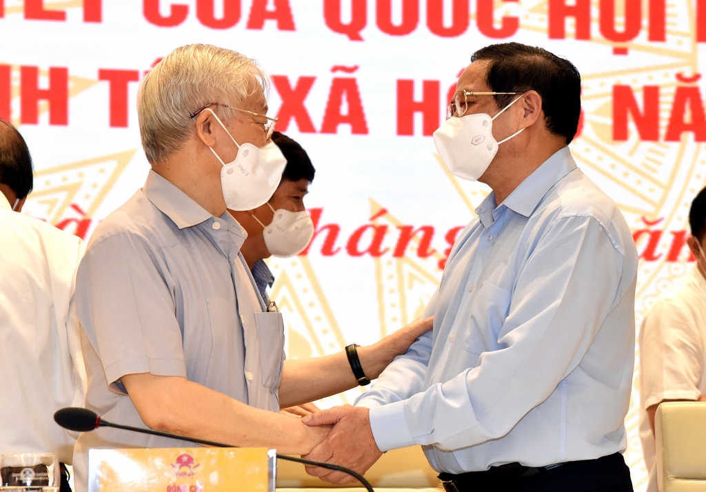 Tổng Bí thư Nguyễn Phú Trọng và Thủ tướng Chính phủ Phạm Minh Chính tại Hội nghị. Ảnh: VGP/Nhật Bắc