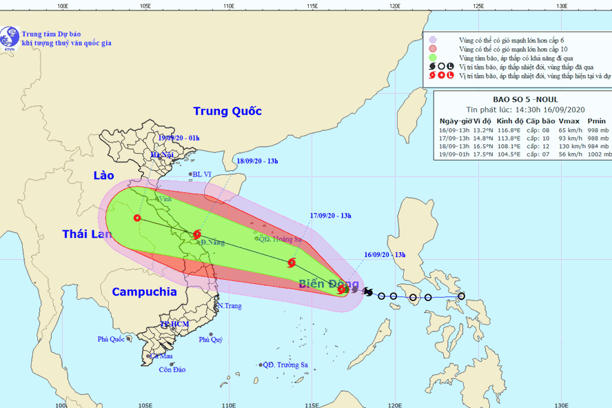 Vị trí và đường đi của bão số 5 Noul. Ảnh: Trung tâm Dự báo KTTV Quốc gia.