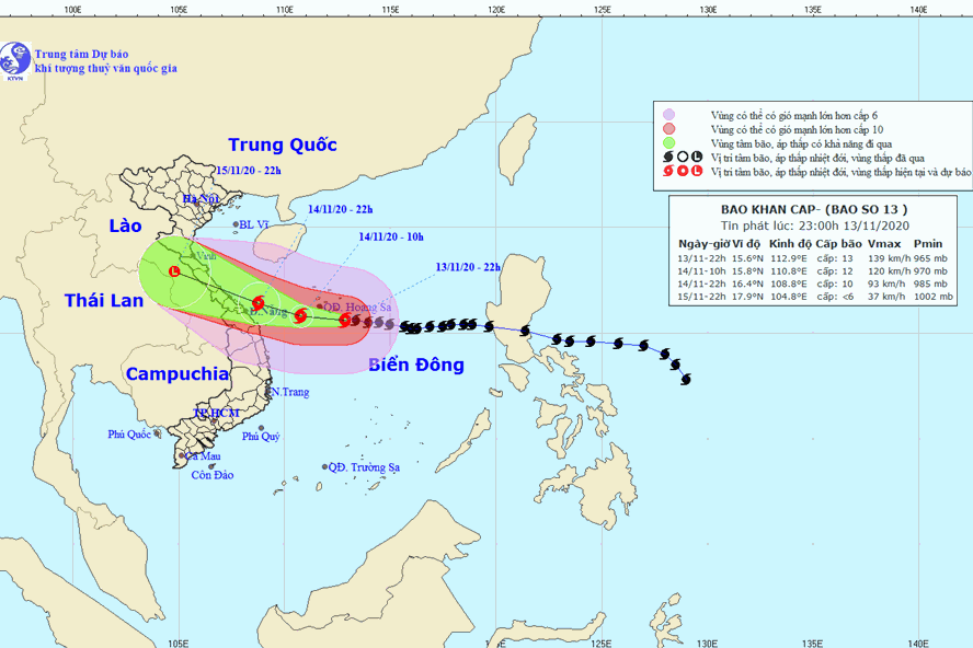 Vị trí và đường đi của bão số 13. Ảnh: Trung tâm Dự báo KTTV Quốc gia.
