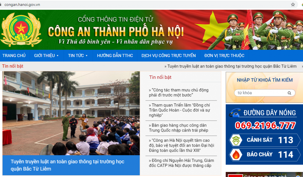 Giao diện chính thức của Cổng thông tin điện tử Công an TP Hà Nội