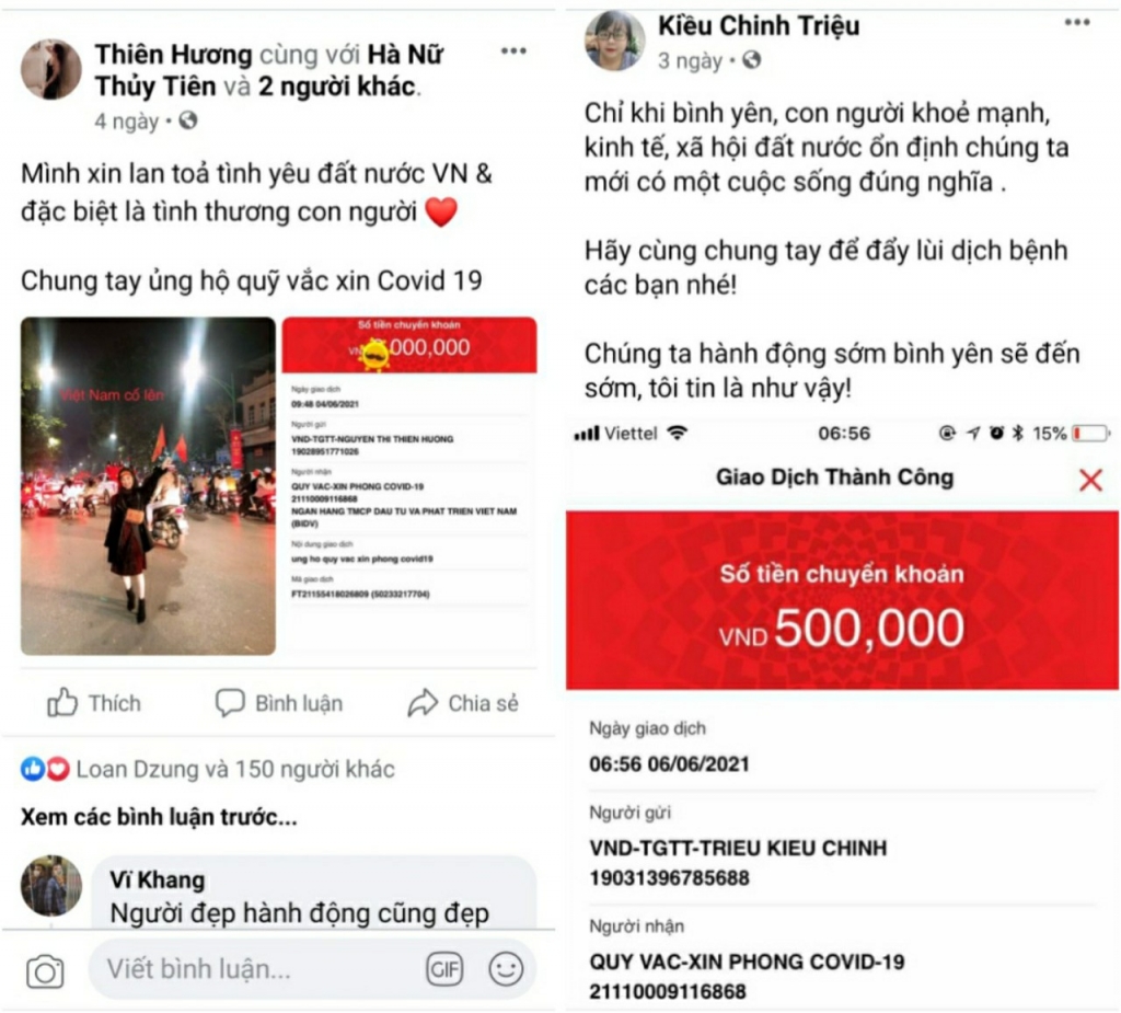 Người dân đăng tải hình ảnh ủng hộ Quỹ vắc-xin trên Facebook