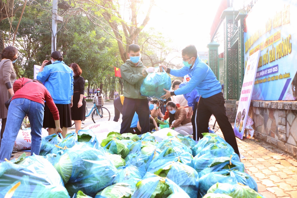 Các đoàn viên thanh niên tham gia bán rau giúp nông dân