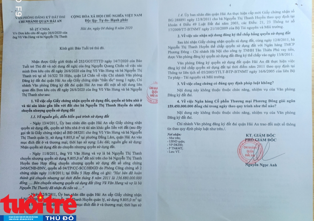 Công văn số 75/CNHA của Văn phòng đăng ký đất đai Chi nhánh quận Hải An gửi Báo Tuổi trẻ Thủ đô