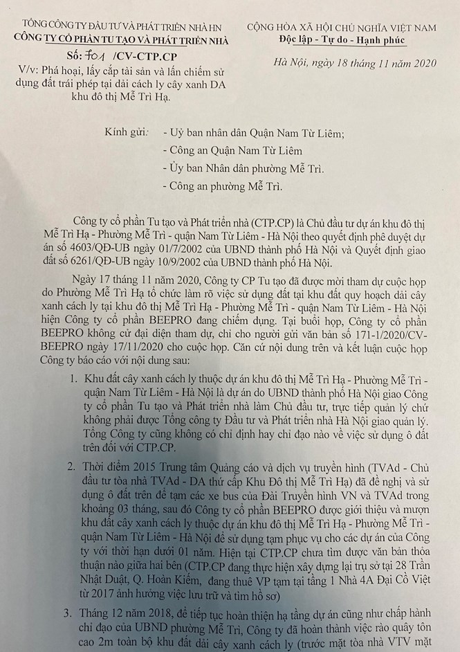 Quận Nam Từ Liêm: Công ty CP Beepro ngang nhiên chiếm đất nhiều năm vẫn chưa bị xử lý