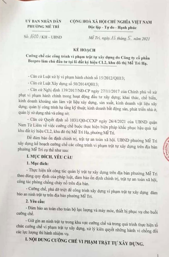 Sai phạm của Công ty CP Beepro: Phường Mễ Trì chuẩn bị lực lượng “hùng hậu” để cưỡng chế