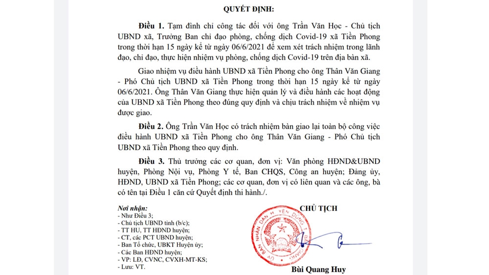 Huyện Yên Dũng họp đột xuất, tạm đình chỉ công tác chủ tịch xã lơ là chống dịch