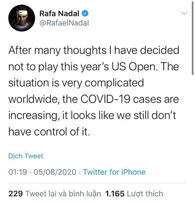 rafael nadal tu choi co hoi bao ve ngoi vuong tai us open 2020