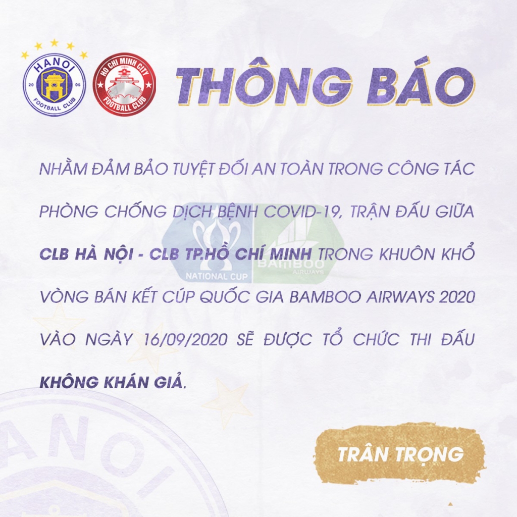 Hai trận Bán kết Cúp Quốc gia 2020 không đón khán giả