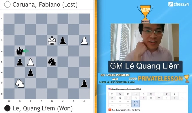 Đánh bại kỳ thủ số 2 thế giới, Quang Liêm tiến vào Bán kết giải cờ vua Banter Series 2020