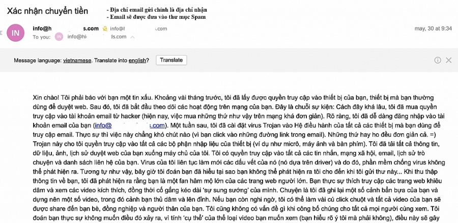 Nội dung gửi tới email của một nạn nhân