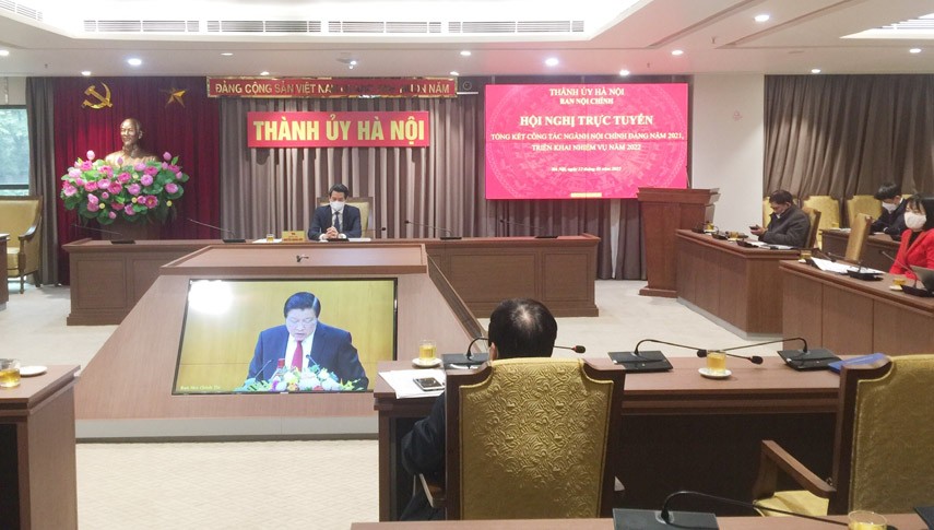 Các đại biểu tham dự hội nghị tại điểm cầu Thành ủy Hà Nội.