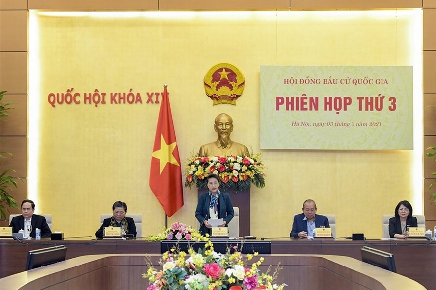 Chủ tịch Quốc hội Nguyễn Thị Kim Ngân, Chủ tịch Hội đồng Bầu cử quốc gia chủ trì phiên họp thứ 3 của Hội đồng, chiều 3-3-2021