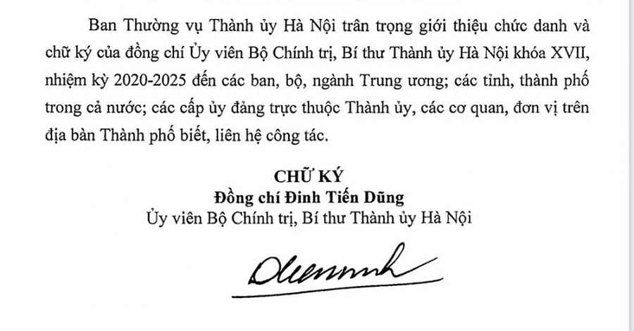 Chữ ký của Bí thư Thành uỷ Hà Nội Đinh Tiến Dũng
