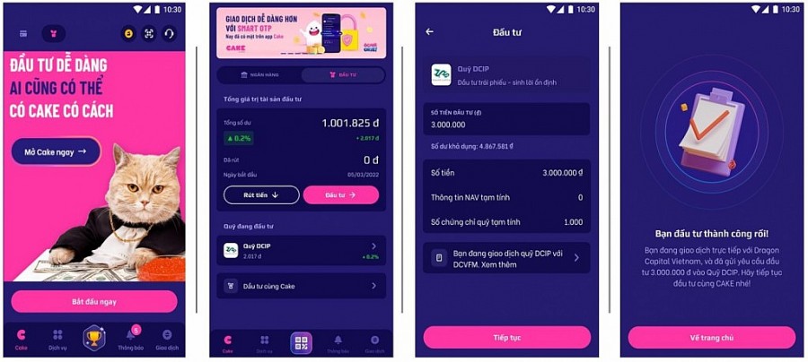 Giao diện tính năng ĐẦU TƯ trên Ngân hàng số Cake by VPBank