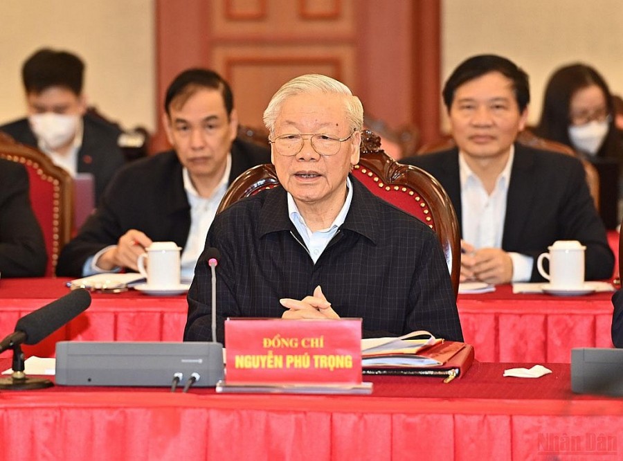 Tổng Bí thư Nguyễn Phú Trọng phát biểu kết luận buổi họp. (Ảnh: ĐĂNG KHOA)