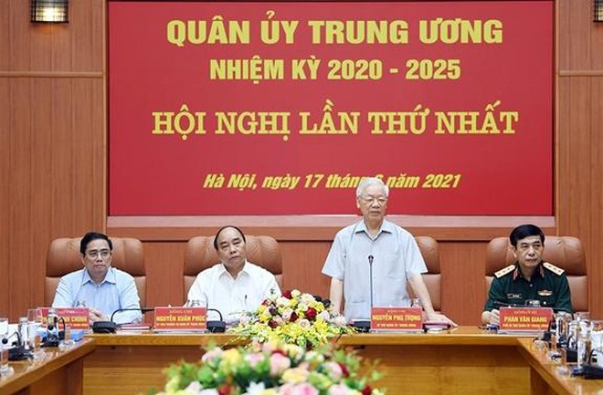 Tổng Bí thư Nguyễn Phú Trọng, Bí thư Quân ủy Trung ương chủ trì Hội nghị Quân ủy Trung ương, nhiệm kỳ 2020 - 2025 lần thứ nhất