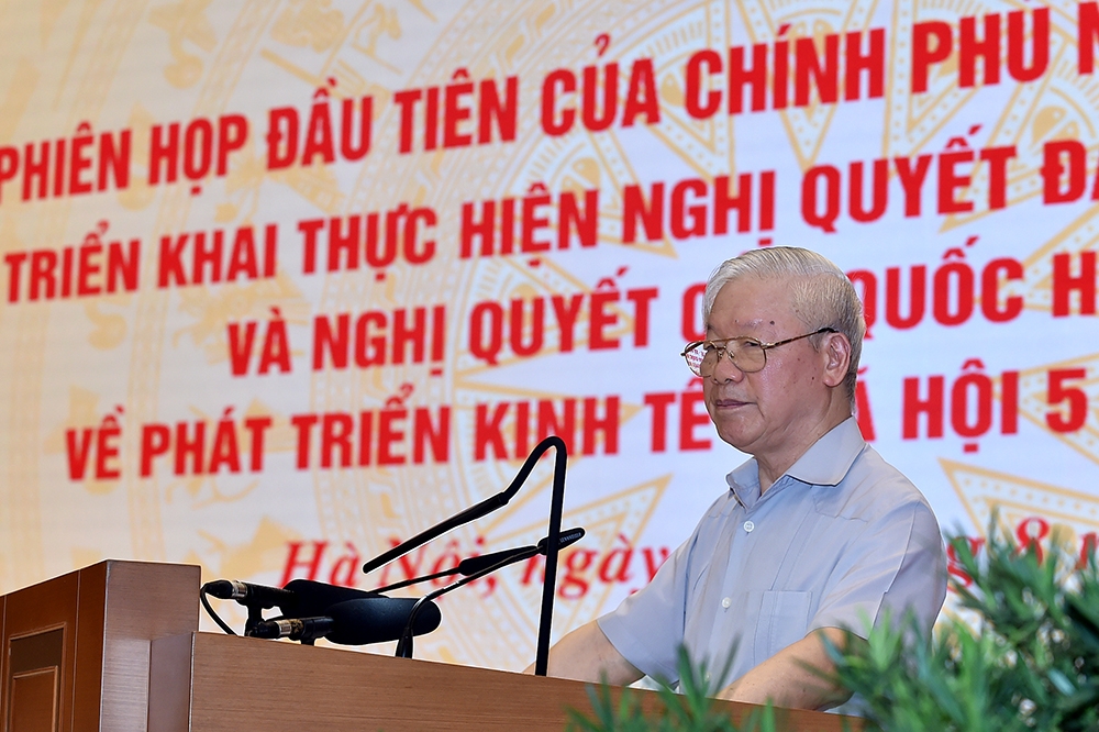 ổng Bí thư Nguyễn Phú Trọng dành một lượng lớn thời gian phát biểu để phân tích, làm rõ 4 vấn đề lớn về kinh tế, xã hội, quốc phòng, an ninh, xây dựng bộ máy. Ảnh: VGP/Nhật Bắc