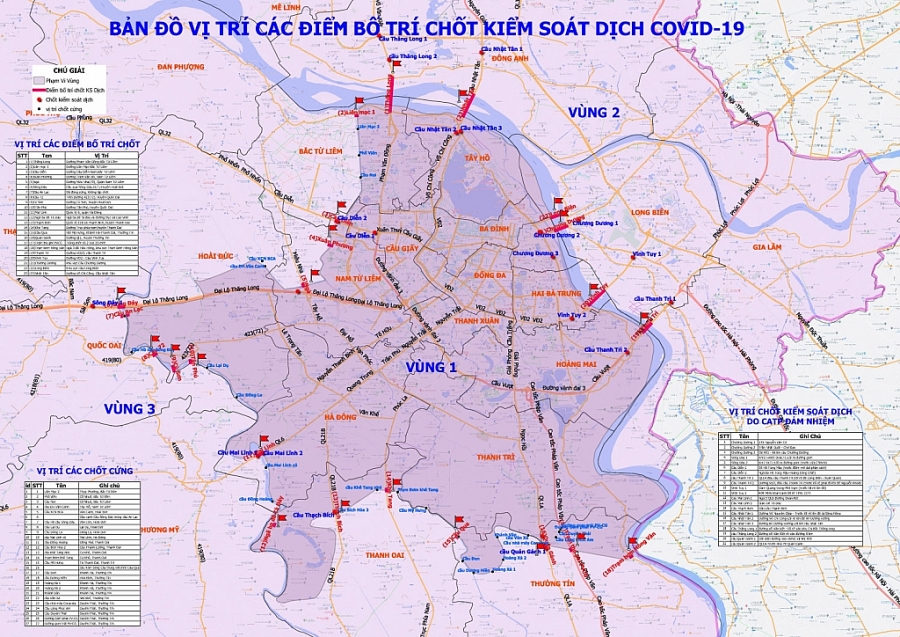 Bản đồ các vùng phòng dịch và các các chốt kiểm soát (cắm cờ) người, phương tiện qua lại giữa các vùng.