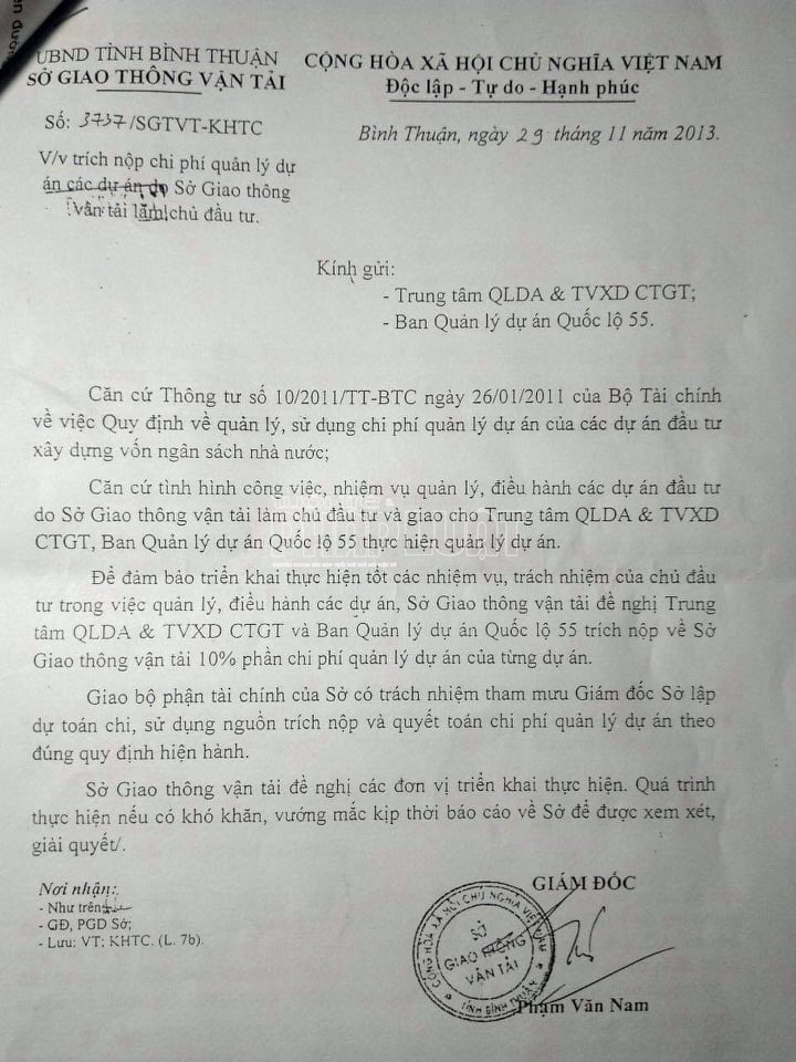 Chủ tịch UBND tỉnh Bình Thuận kết luận việc triển khai thực hiện của Sở Giao thông vận tải về phê duyệt dự toán, quy định tỷ lệ chi phí dự án trích nộp về Sở là chưa chặt chẽ và chưa đủ cơ sở để thực hiện.