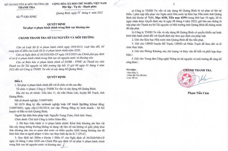 Công ty Tư vấn và Xây dựng 68 Quảng Bình bị phạt nặng do khai thác cát trái phép