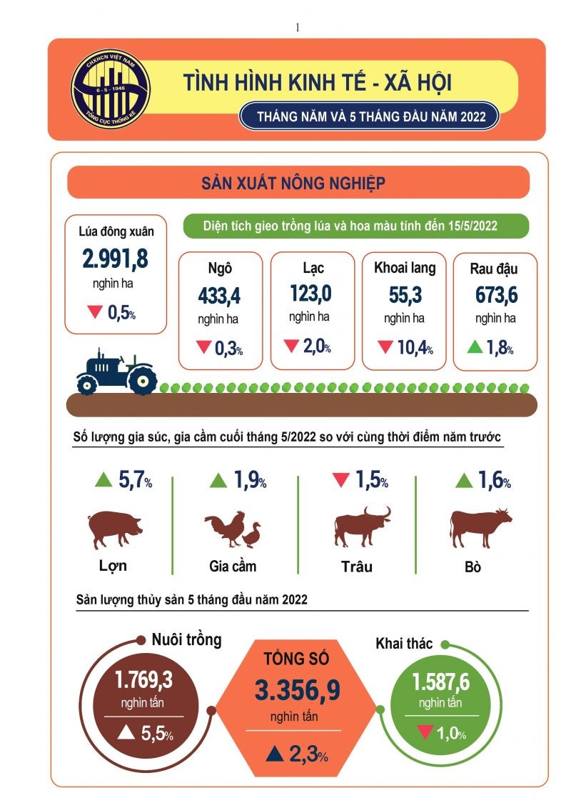 INFOGRAPHIC: Toàn cảnh kinh tế - xã hội tháng 5 và 5 tháng đầu năm 2022 của Việt Nam