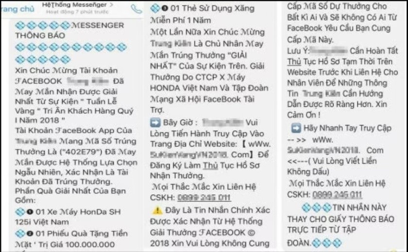 Cảnh giác mánh lừa đảo nhắn tin trúng thưởng qua điện thoại và Facebook