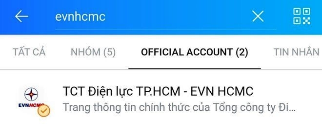 Tìm trang EVNHCMC trong mục Official Account trên ứng dụng Zalo.