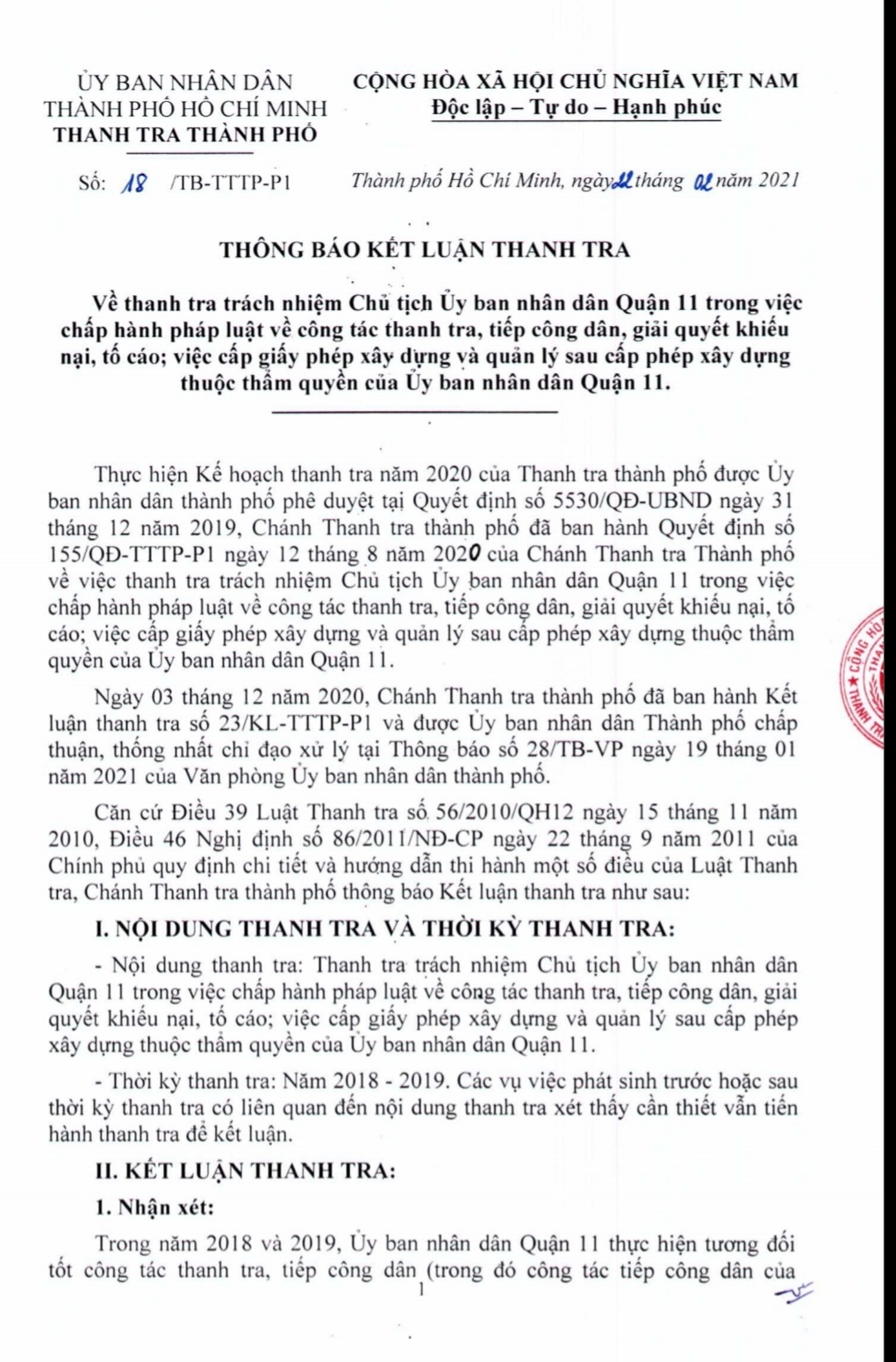 Kết luận thanh tra số 18/TB-TTTP-P1