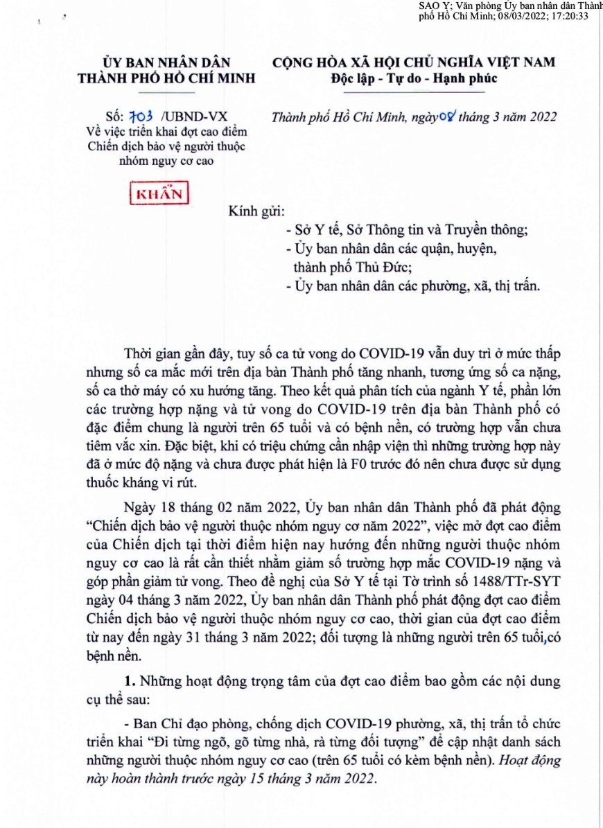 Văn bản khẩn của UBND TP Hồ Chí Minh