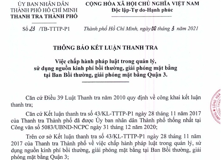 Thông báo kết luận thanh tra về việc chấp hành pháp luật trong quản lý sử dụng kinh phí bồi thường, giải phóng mặt bằng tại Ban Bồi thường, giải phóng mặt quận 3.