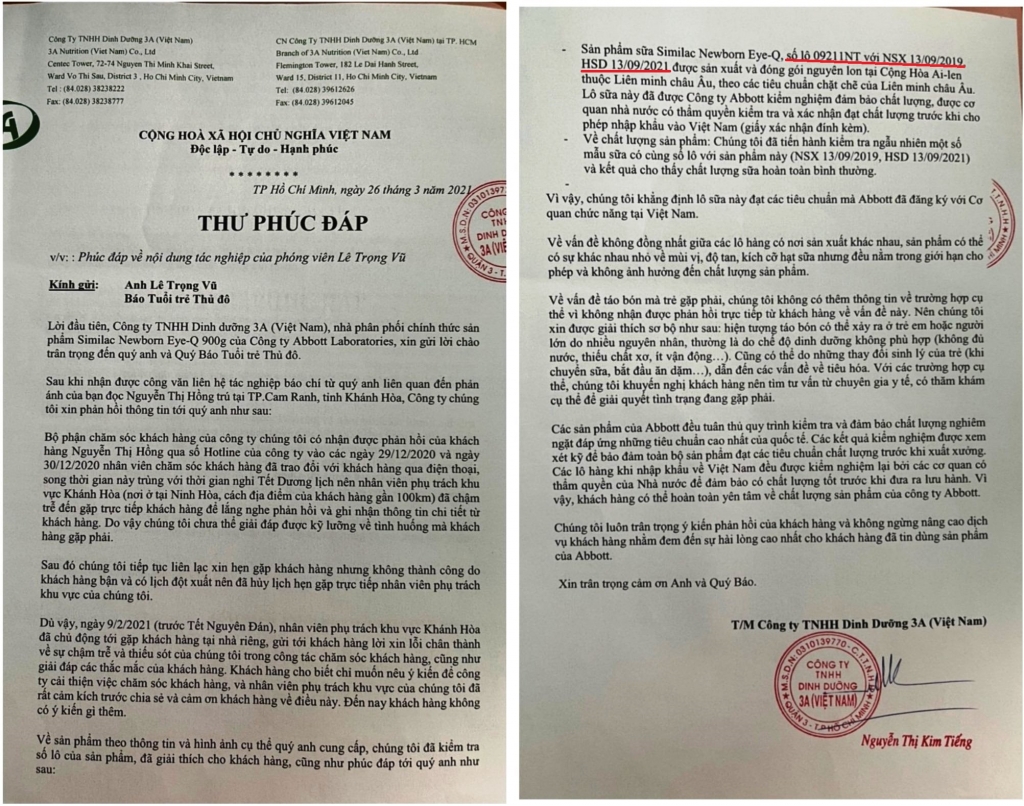 Công ty TNHH Dinh dưỡng 3A Việt Nam phản hồi báo Tuổi trẻ Thủ đô về vụ việc