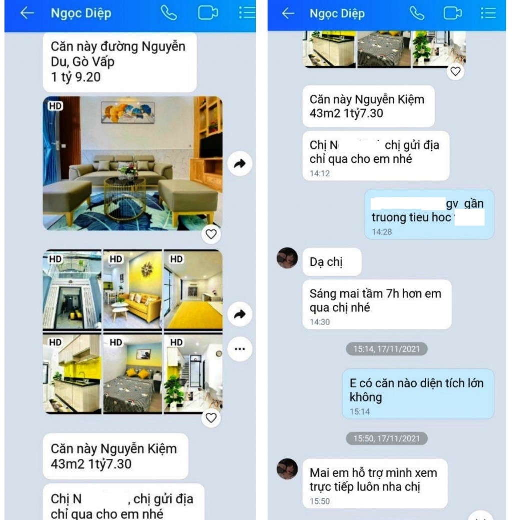 Một số tin nhắn trao đổi, hẹn xem nhà giữa chị N và Ngọc Diệp