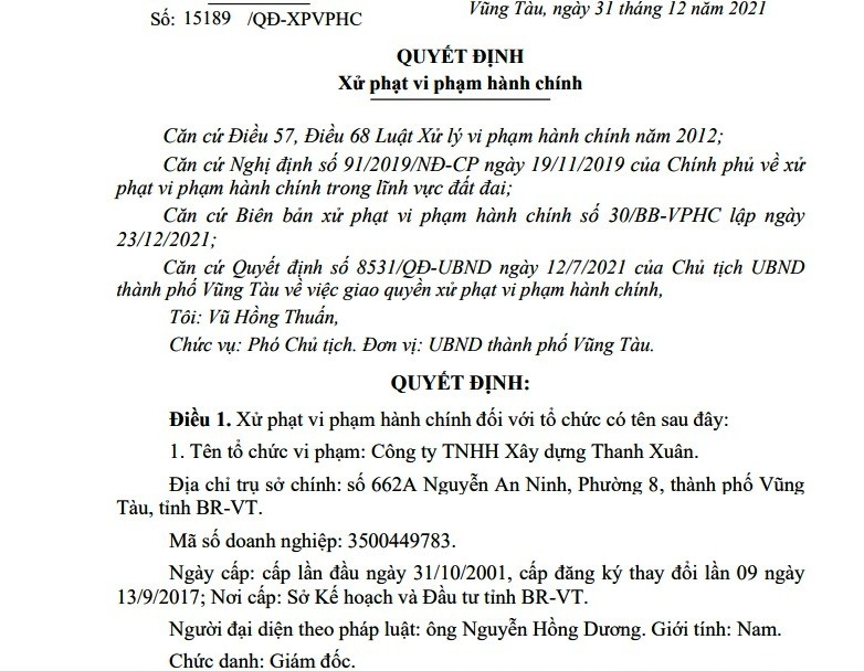 Quyết định xử phạt vi phạm hành chính đối với Công ty TNHH Xây dựng Thanh Xuân về hành vi chuyển đổi mục đích sử dụng đất khi chưa được cơ quan có thẩm quyền cho phép