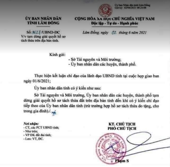 Công văn của UBND tỉnh Lâm Đồng về việc tạm dừng giải quyết hồ sơ tách thửa trên địa bàn tỉnh