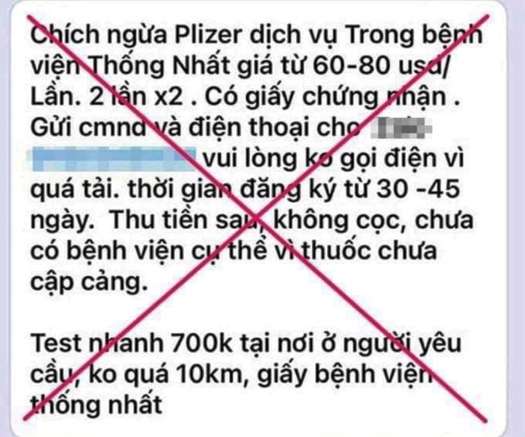 Thông tin quảng cáo về tiêm dịch vụ vaccine Covid-19 và xét nghiệm tại nhà