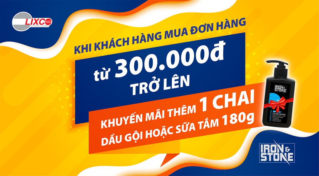 hóa đơn trên 300.000đ sẽ được miễn phí giao hàng, đồng thời tặng kèm 1 chai dầu gội hoặc sữa tắm tinh dầu Iron & Stone 