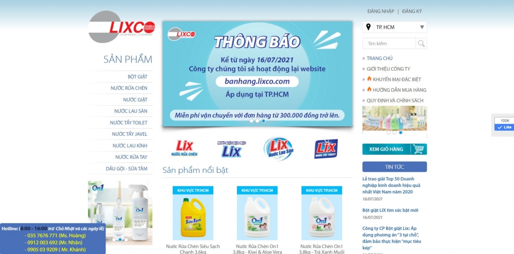 Trang https://banhang.lixco.com/ trang web bán hàng chính thức của Công ty CP Bột giặt Lix (LIXCO)