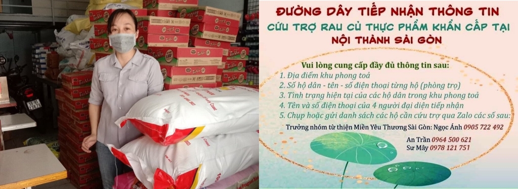 Chị Ngọc Ánh bên những hàng hóa thiết yếu và thông tin hỗ trợ của nhóm Miền yêu thương Sài Gòn