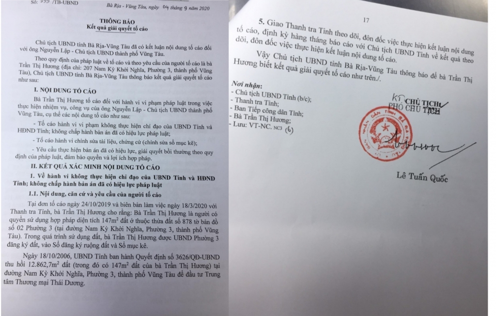 Thông báo kết luận nội dung tố cáo của bà Trần Thị Hương đối với ông Nguyễn Lập - Chủ tịch UBND TP Vũng Tàu