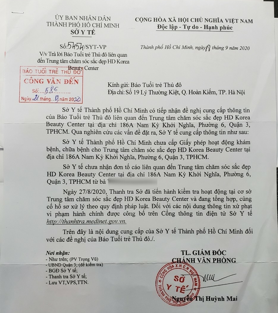 Công văn số 5454/SYT-VP của Sở Y tế TP HCM trả lời báo Tuổi trẻ Thủ đô về vụ việc