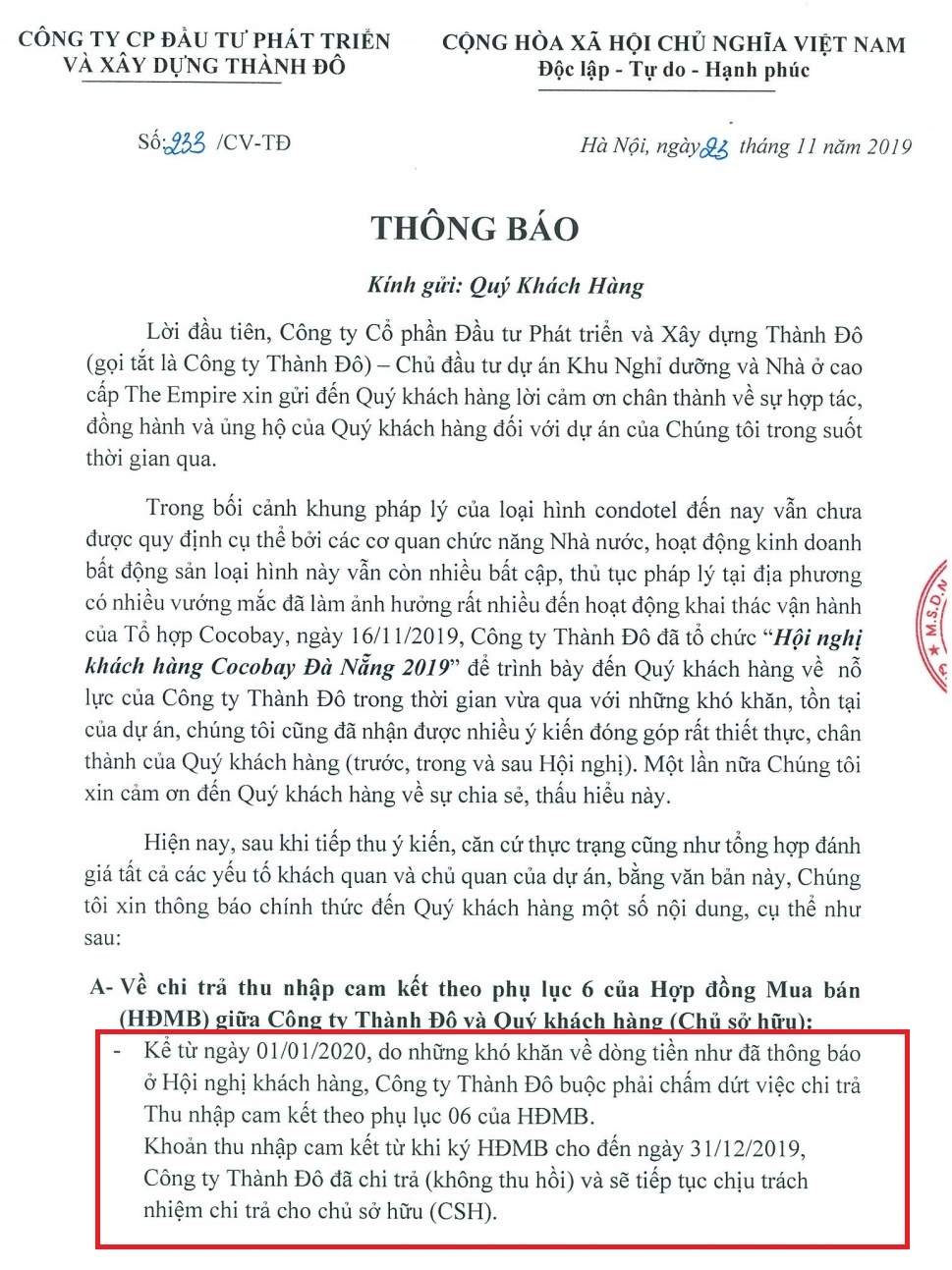 Công ty Thành Đô “tự ý” đơn phương đưa ra thông báo dừng chi trả TNCK, mặc dù trước đó đã cam kết việc chi trả TNCK “không phụ thuộc vào kết quả kinh doanh” 