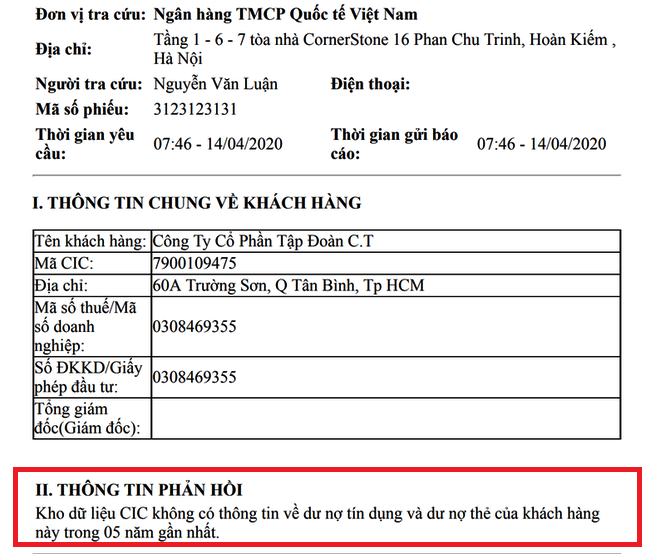 Công ty Cổ  phần Tập đoàn  C.T (C.T  Group) hoàn toàn không có dư nợ trong 5 năm gần đây