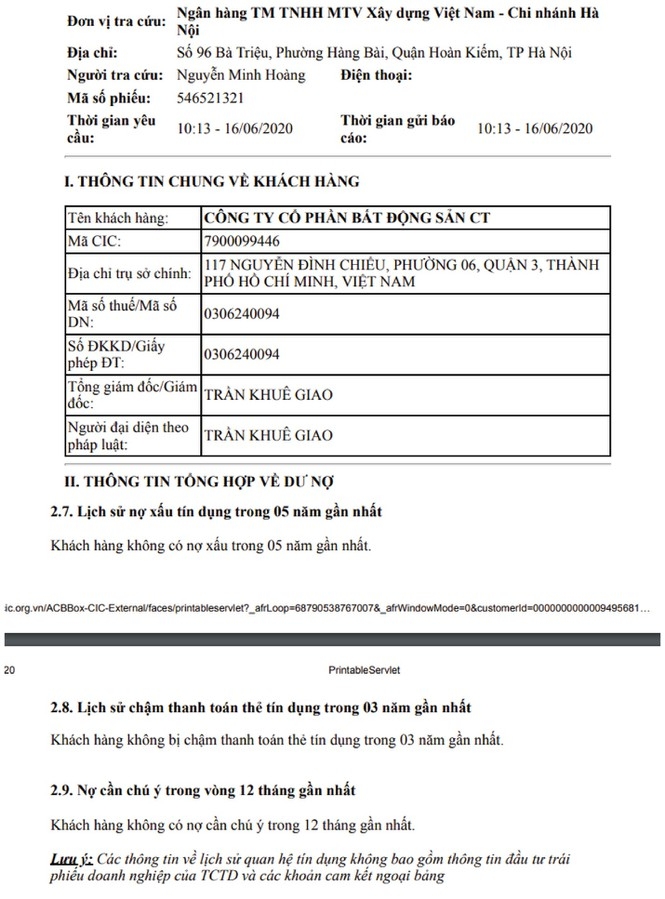 Trung tâm Thông tin Tín dụng (CIC) của Ngân hàng Nhà nước Việt Nam, C.T Land được đánh giá thuộc nhóm 1 trong 5 năm liền. Và hiện nay, theo CIC thì C.T Land có dư nợ ngân hàng bằng 0