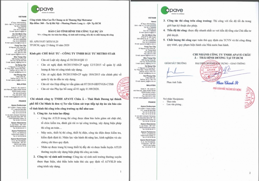 Xác nhận của Apave (Công ty Giám sát nổi tiếng của Cộng hòa Pháp thành lập từ năm 1867) về tiến độ thi công của dự án Metro Star