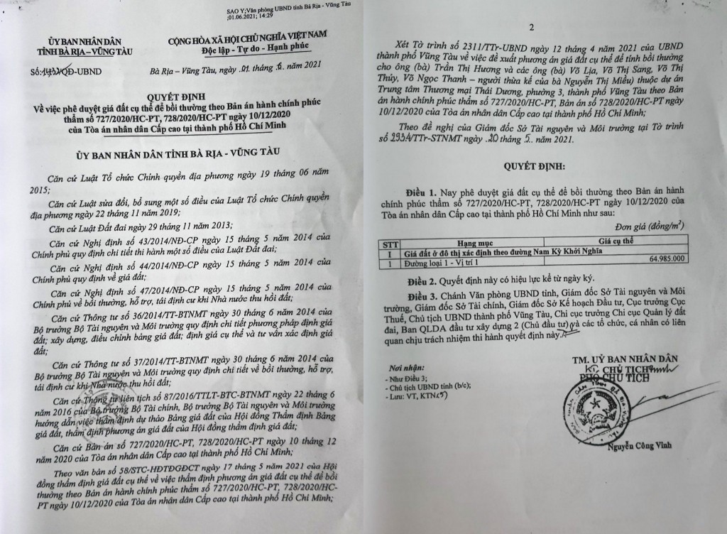 Quyết định số 1432/QĐ-UBND về việc phê duyệt giá đất để bồi thường cho bà Hương
